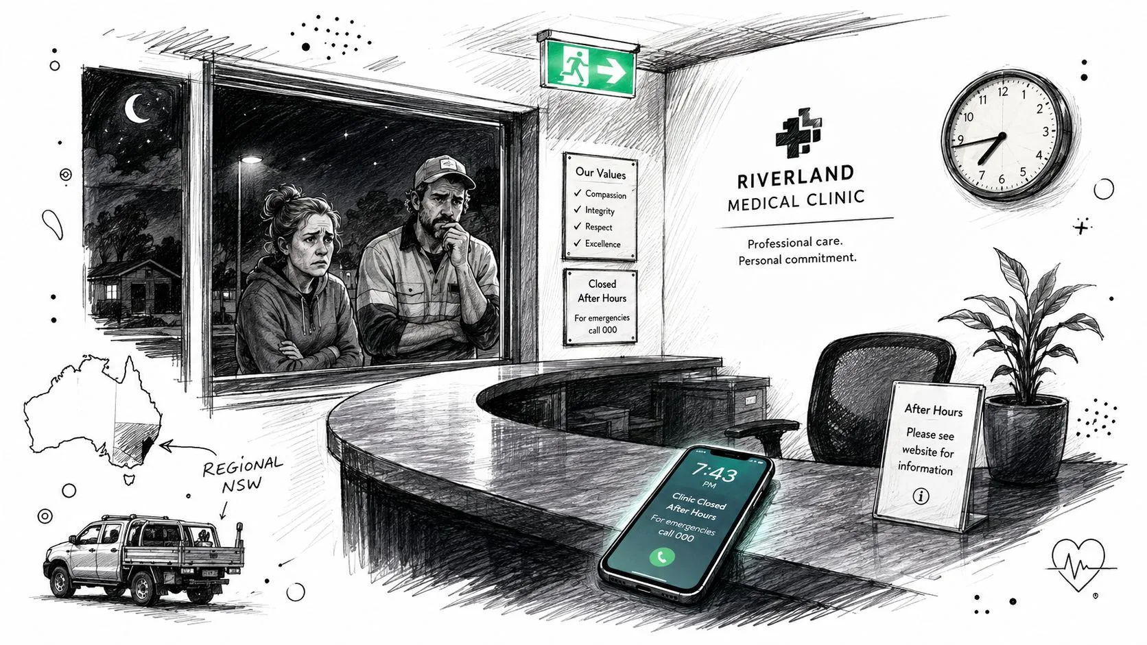 A charcoal sketch of a rural medical clinic at night, emphasizing emergency after-hours care in Australia.