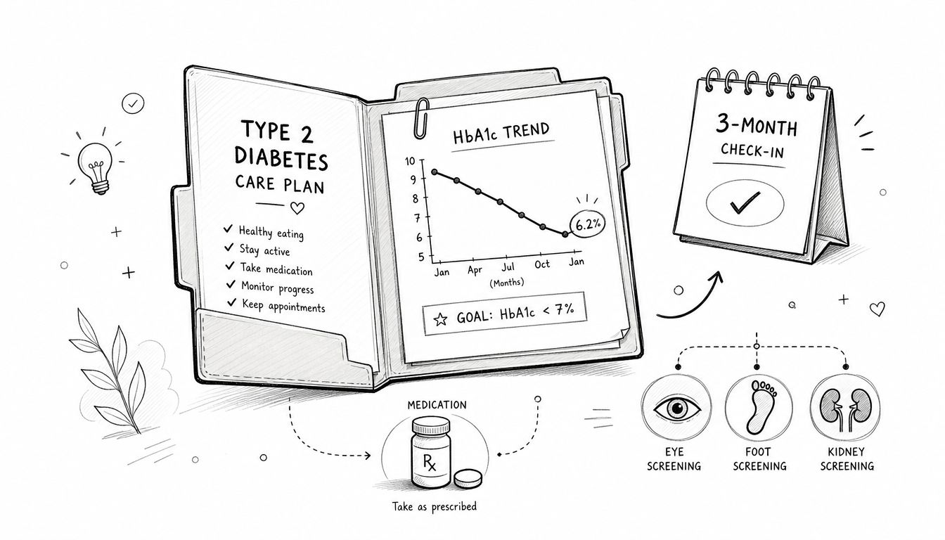 A sketched illustration of a comprehensive Type 2 diabetes care plan featuring monitoring, medication, and regular screenings.