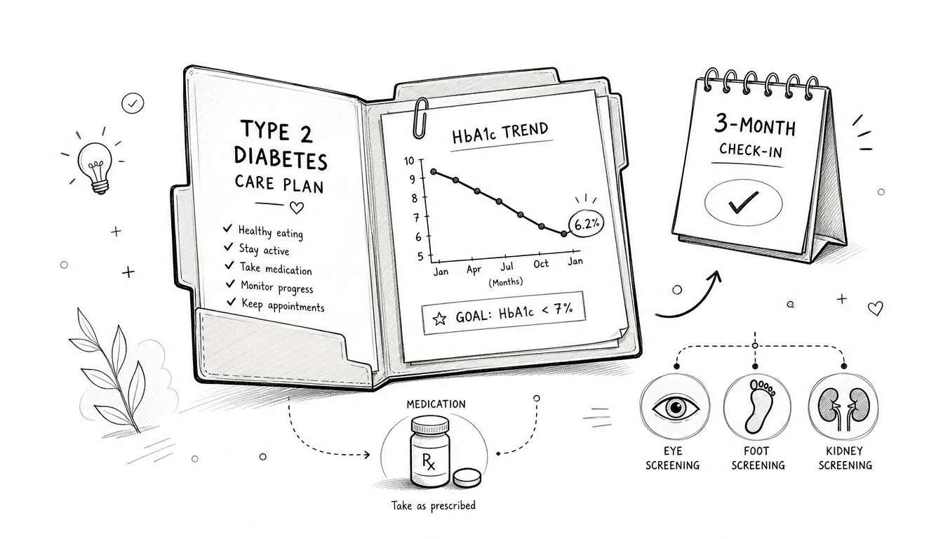 A sketched illustration of a comprehensive Type 2 diabetes care plan featuring monitoring, medication, and regular screenings.