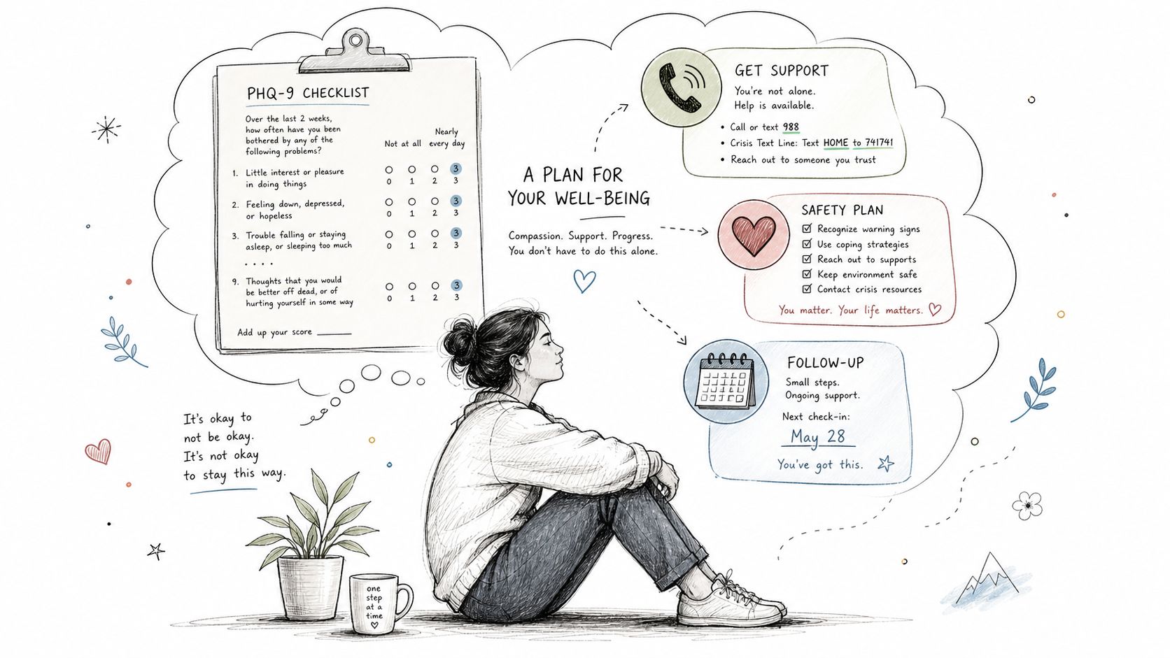 A hand-drawn illustration showing a person contemplating a mental health wellness plan including support resources and goals.
