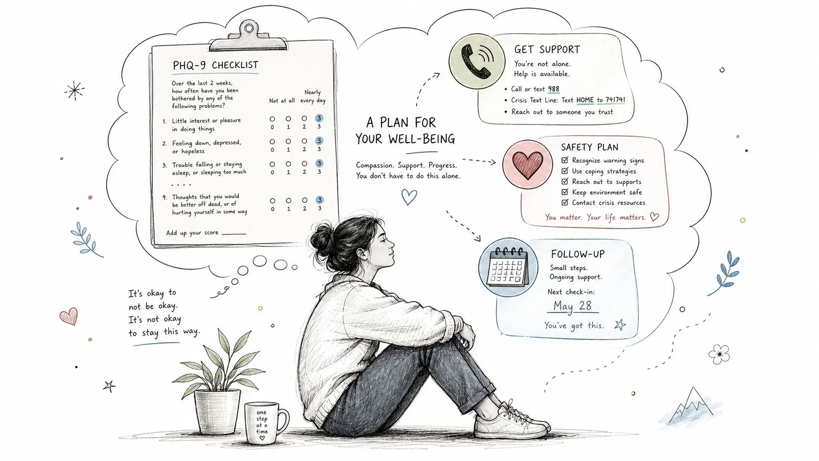 A hand-drawn illustration showing a person contemplating a mental health wellness plan including support resources and goals.