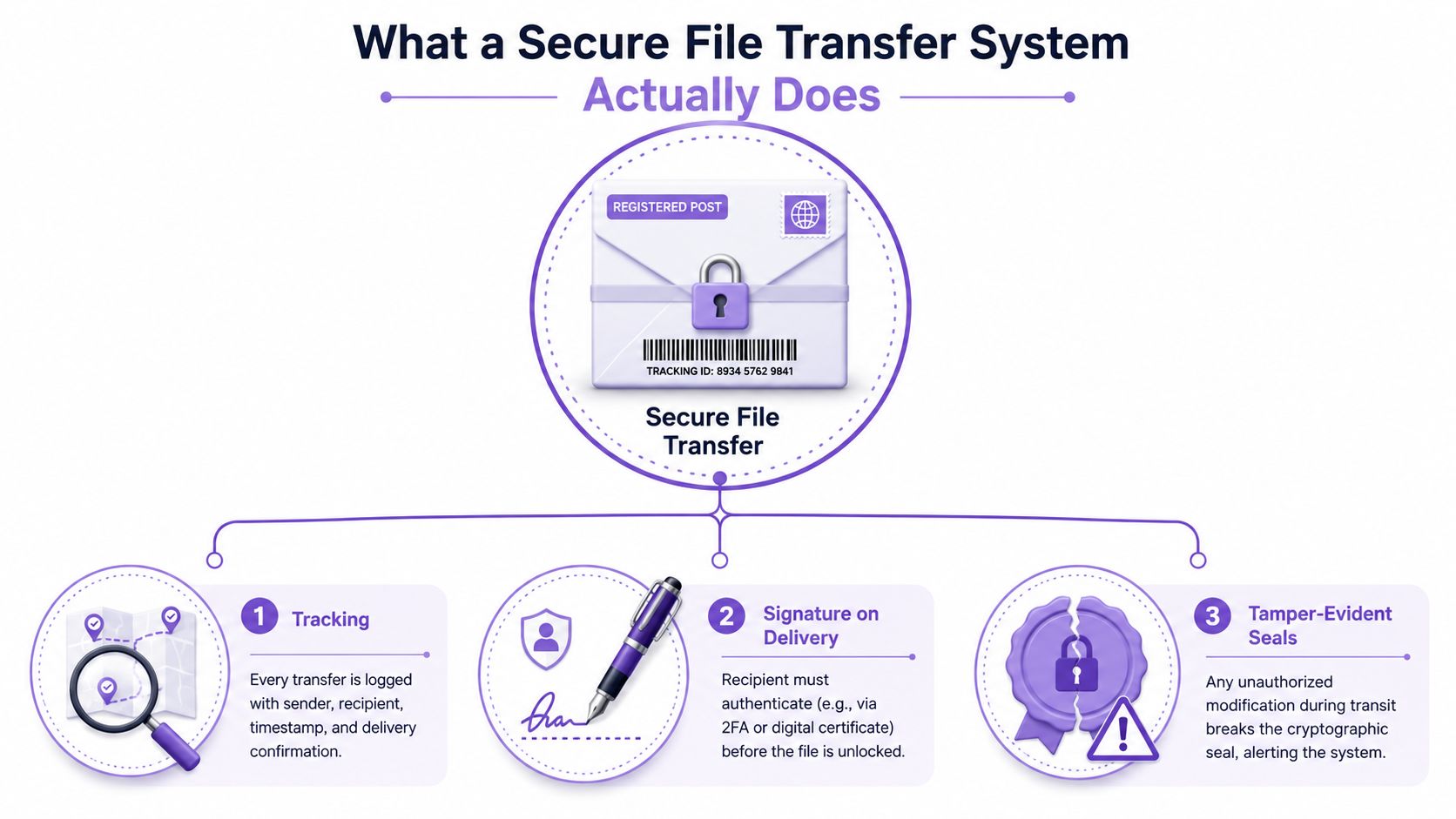 An infographic illustrating three key components of a secure file transfer system: tracking, delivery signatures, and tamper-evident seals.