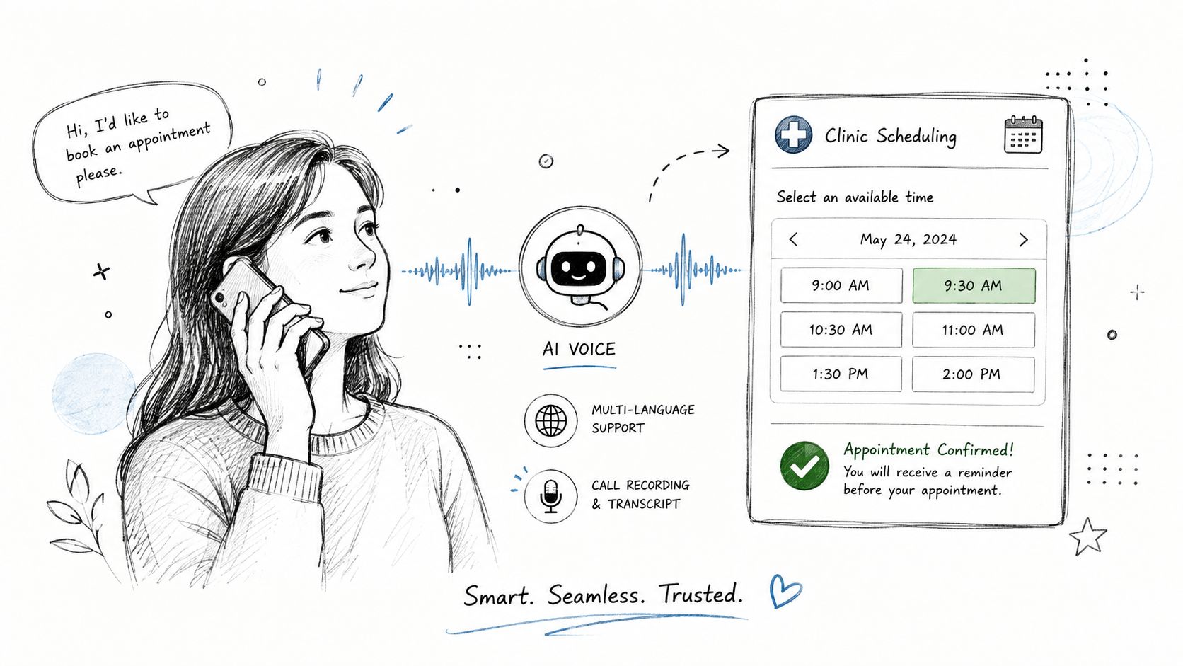 A hand-drawn illustration showing a woman booking a medical clinic appointment via an AI voice assistant phone call.