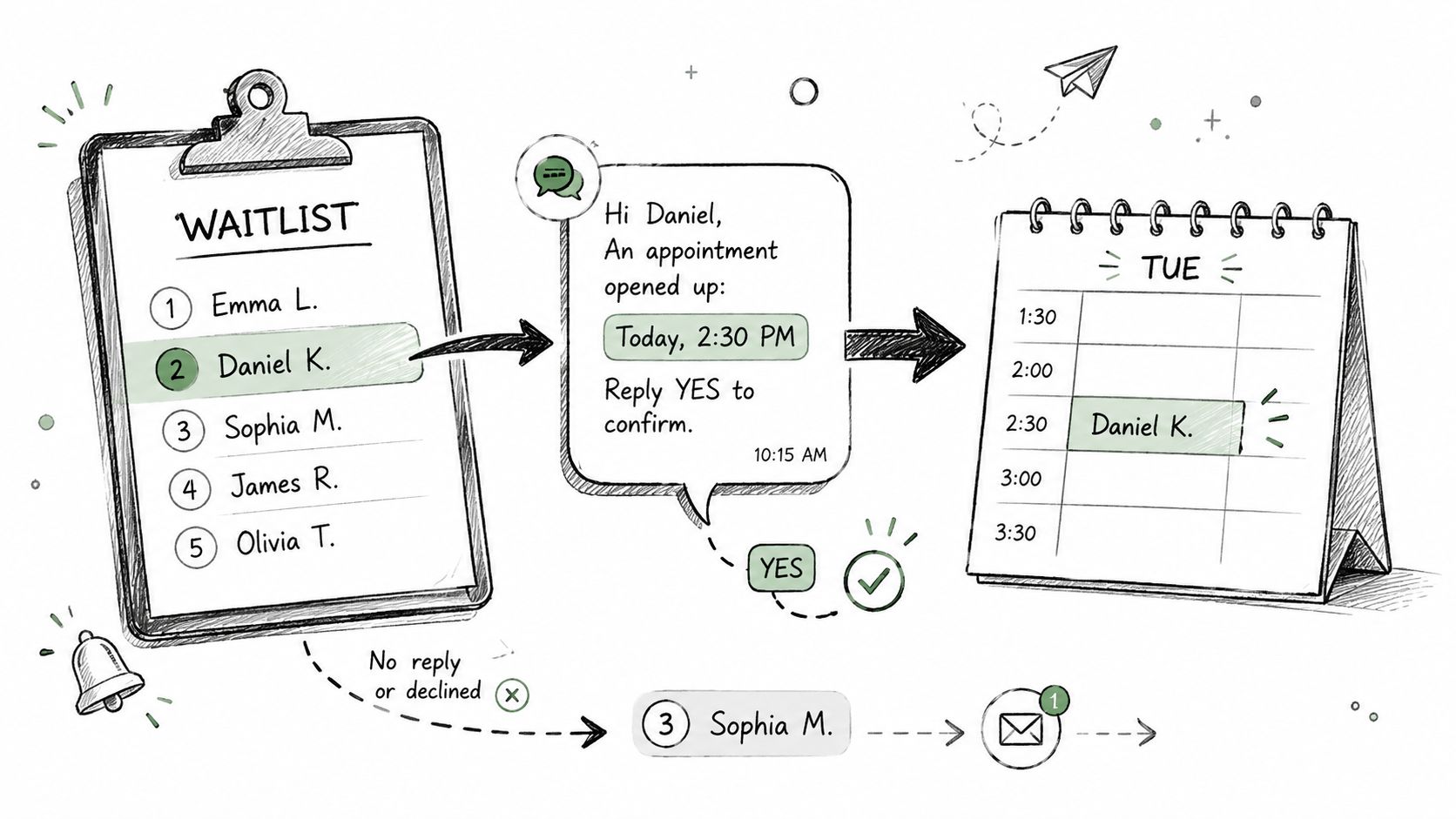 A hand-drawn illustration showing a waitlist management system for automated appointment booking through text messages.