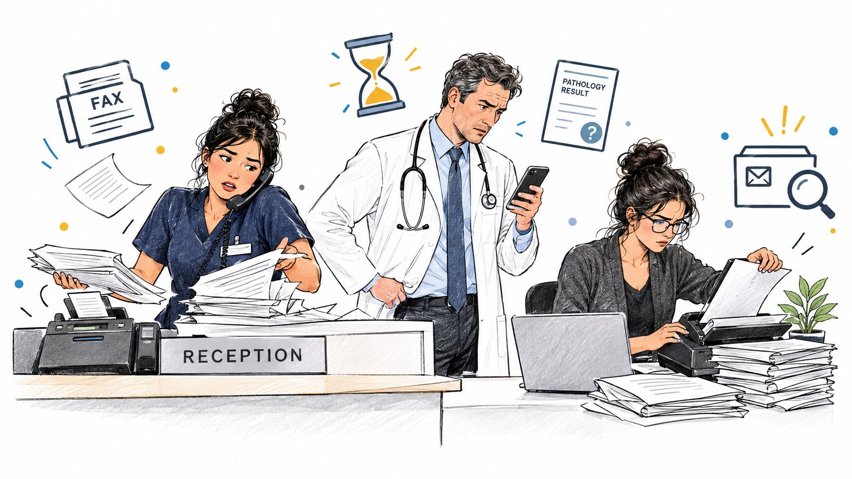 A busy medical reception office showing staff overwhelmed with paperwork, faxes, and digital communication devices.