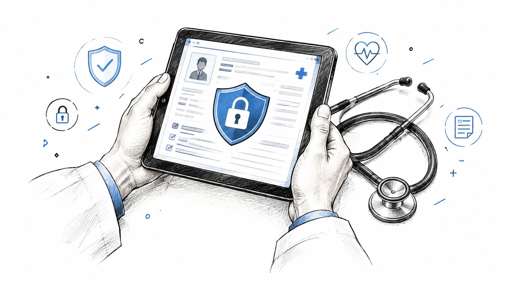 A doctor holds a tablet displaying secure electronic patient records with a shield icon on the screen.