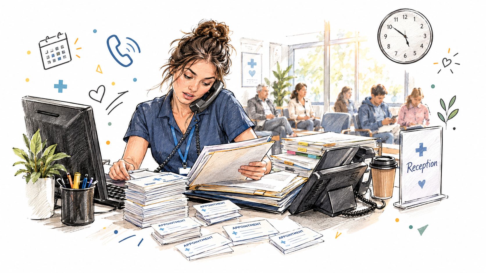 A busy medical receptionist managing patient appointments and phone calls at a doctor's office front desk.