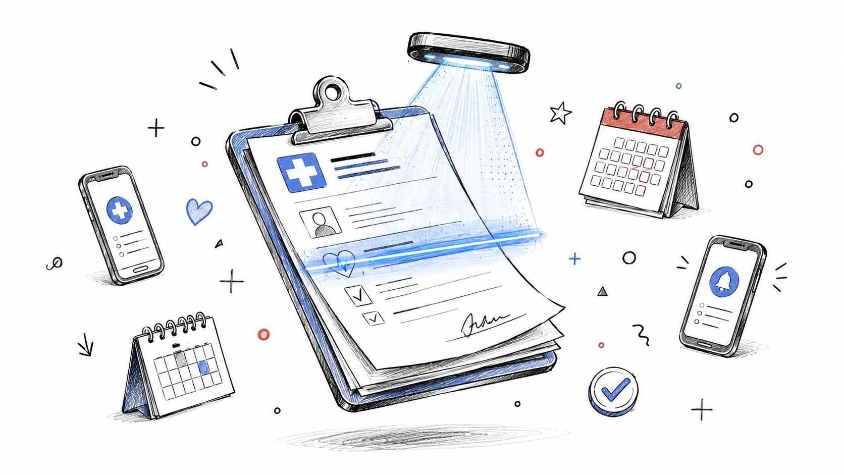 A digital illustration showing a clipboard being scanned, surrounded by calendars, smartphones, and healthcare-related icons.