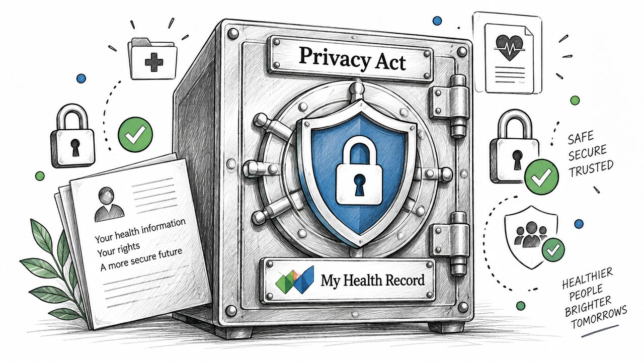 A safety vault illustration representing the Privacy Act, protecting health records with icons of locks and documents.