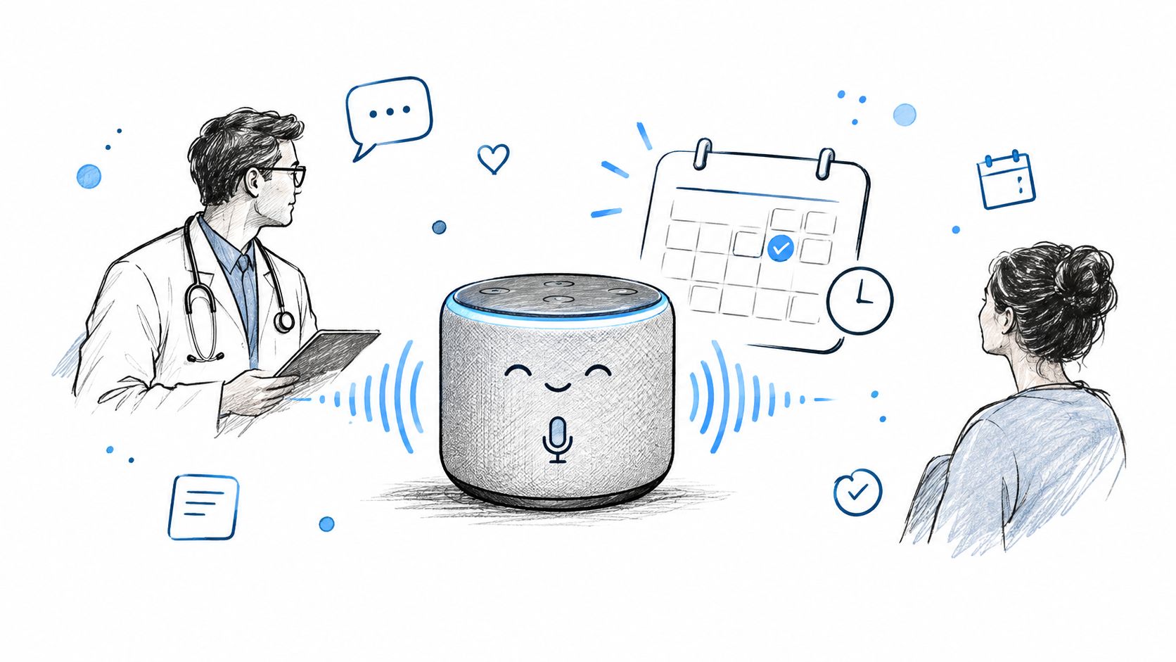 A sketched illustration showing a doctor and a patient communicating via a smart home speaker device.