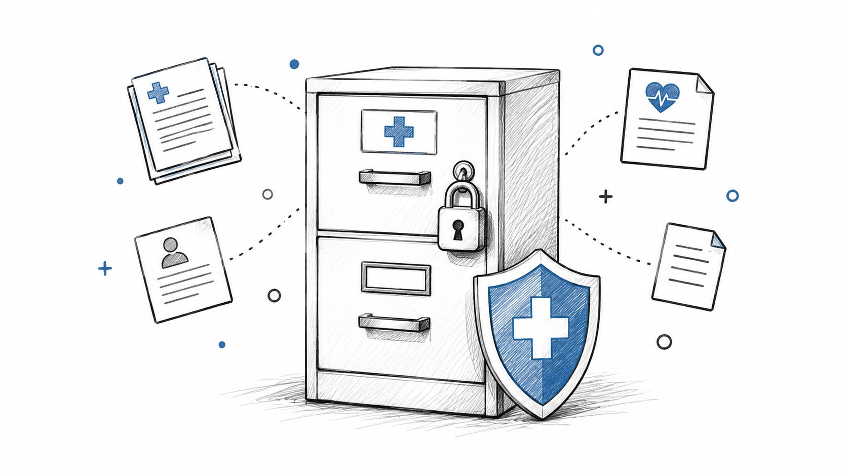 A sketched illustration of a locked medical filing cabinet protected by a shield, symbolizing secure health data.