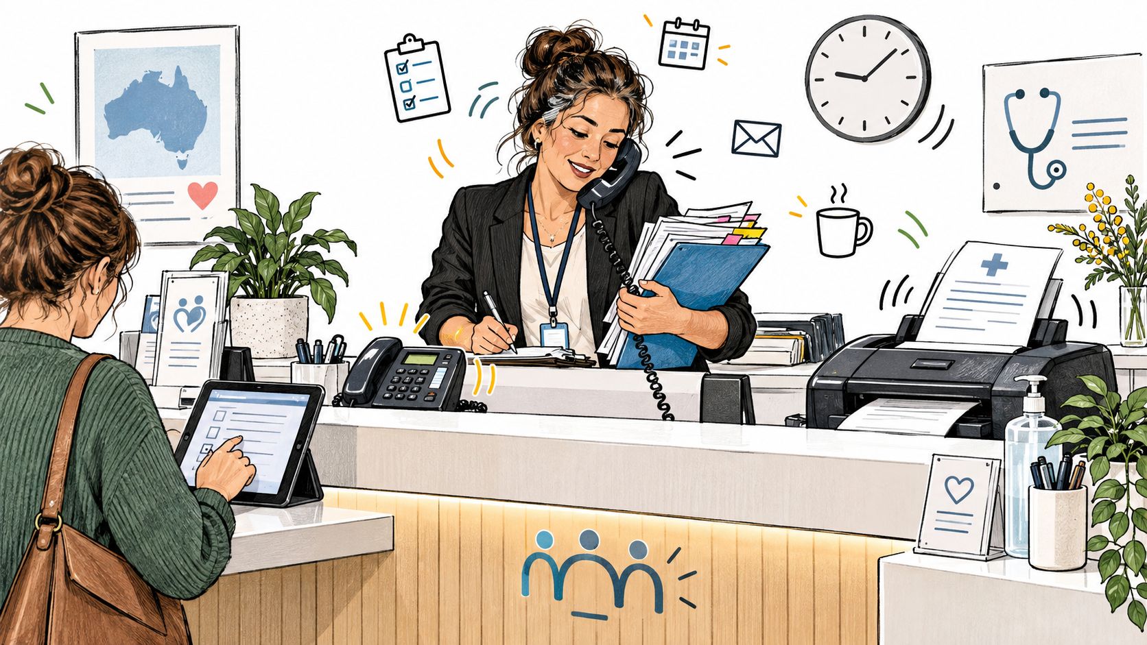 A friendly receptionist managing administrative tasks at a modern medical practice desk in an Australian clinic.