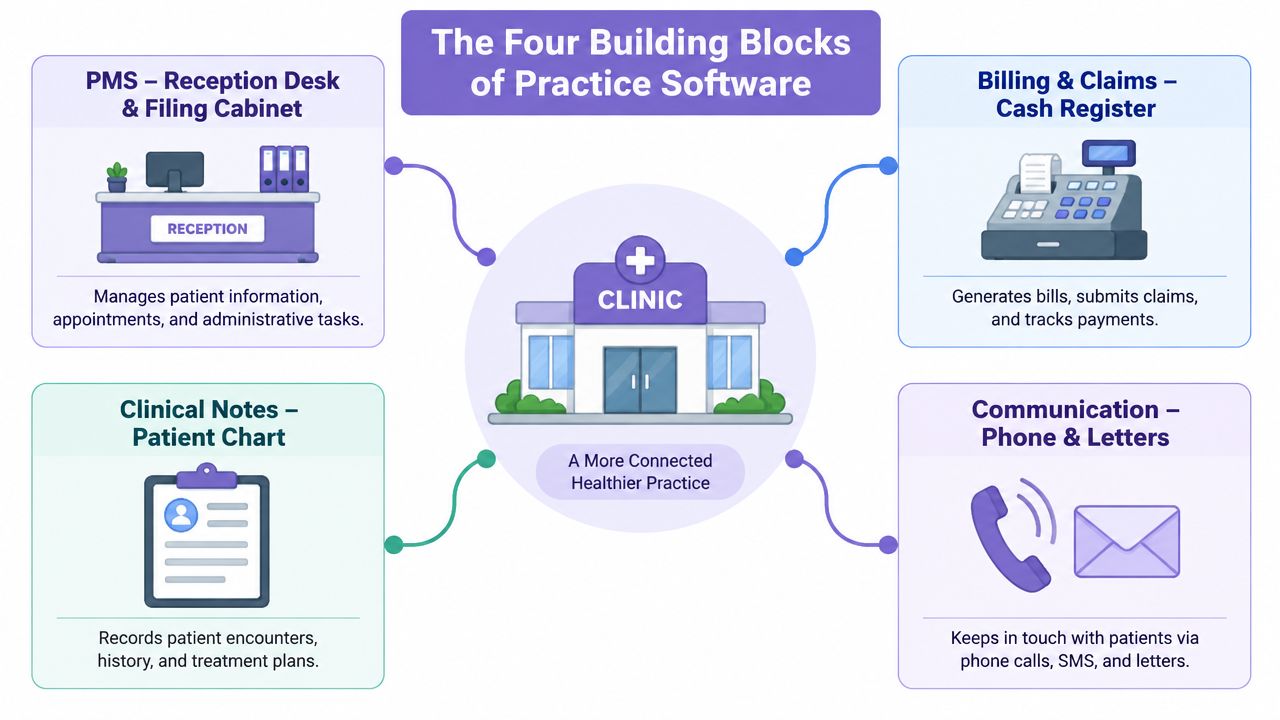 An infographic showing the four essential building blocks of medical practice software for a connected clinic.