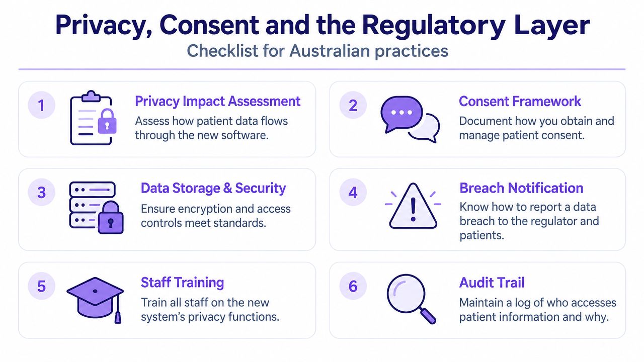 A six-point checklist for Australian medical practices regarding privacy, consent, and regulatory compliance for new software.