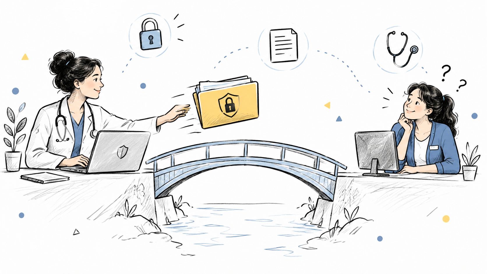A doctor uses a secure digital bridge to transfer a protected medical file to a patient.