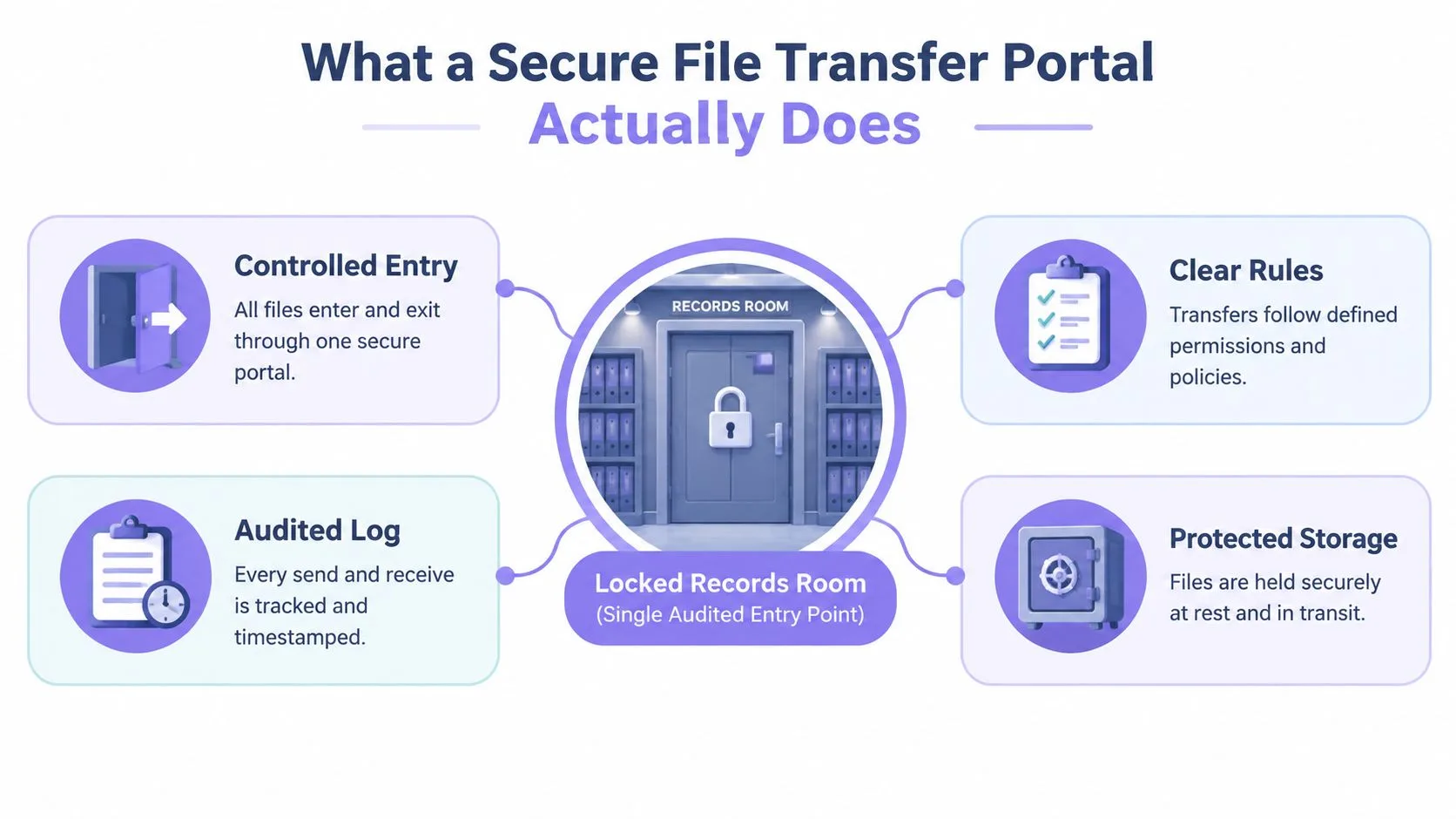 An infographic illustrating four key components of a secure file transfer portal including entries, rules, logs, and storage.