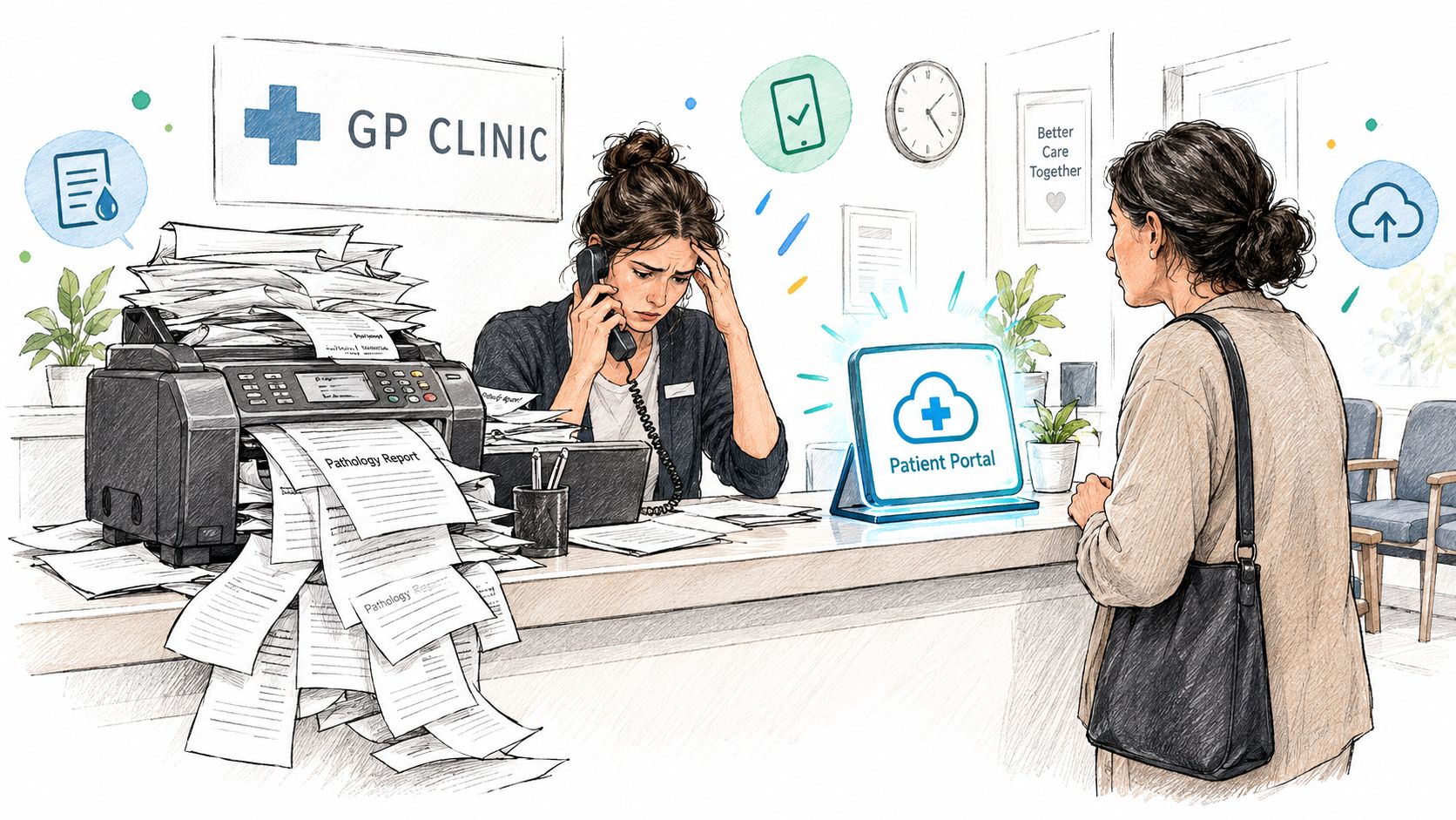 A stressed receptionist managing paper records while a patient observes a digital patient portal station.