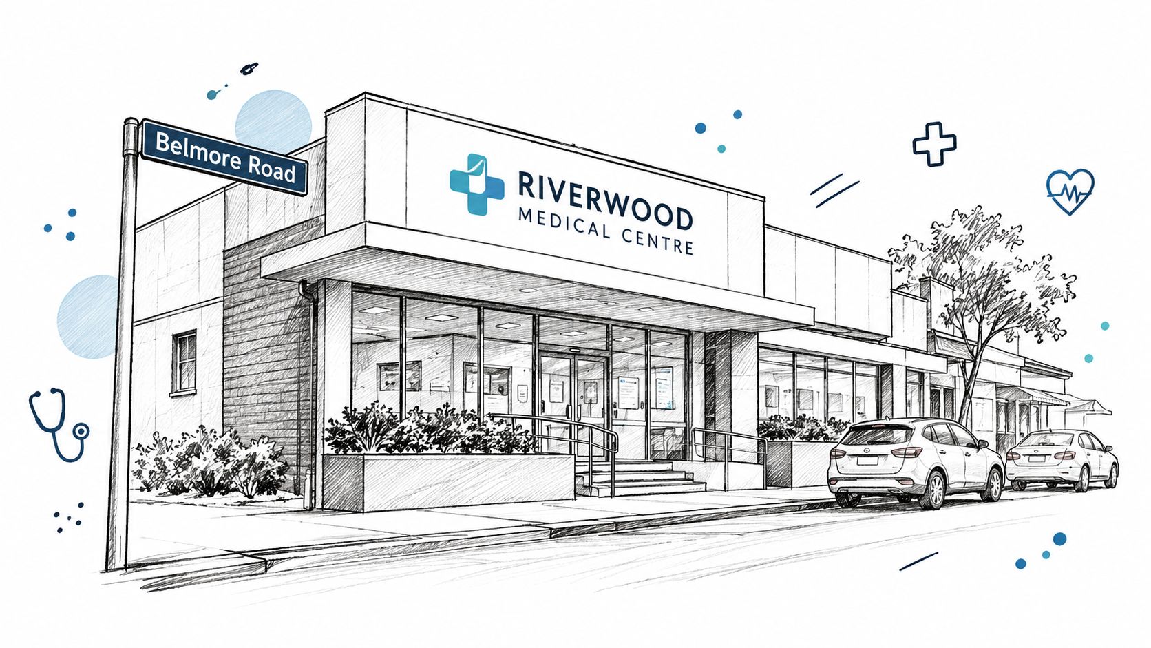A sketched illustration of Riverwood Medical Centre building with a street sign and cars parked out front.