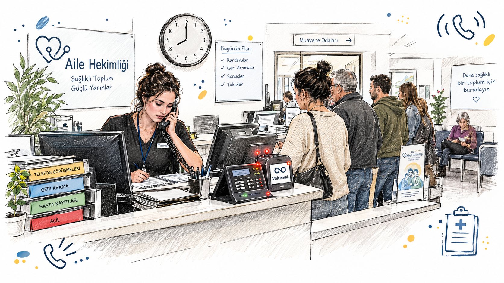 A receptionist at a busy medical family clinic taking a phone call with patients waiting in line.