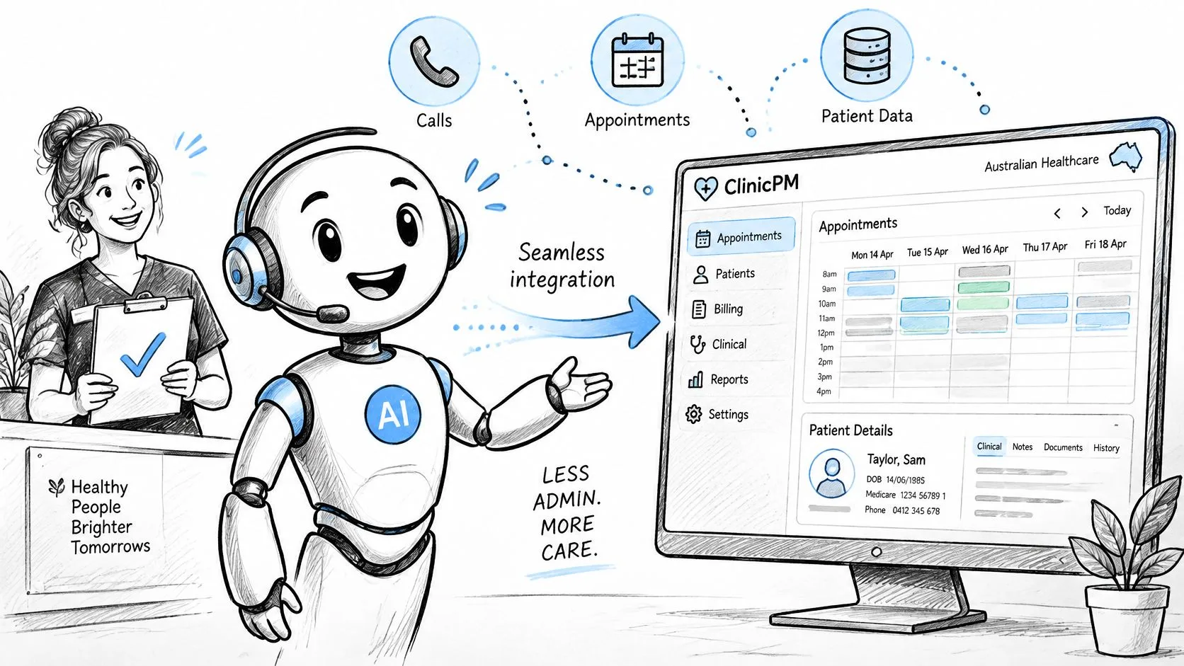 A friendly AI robot assistant helping a medical receptionist with digital patient management and clinic scheduling software.