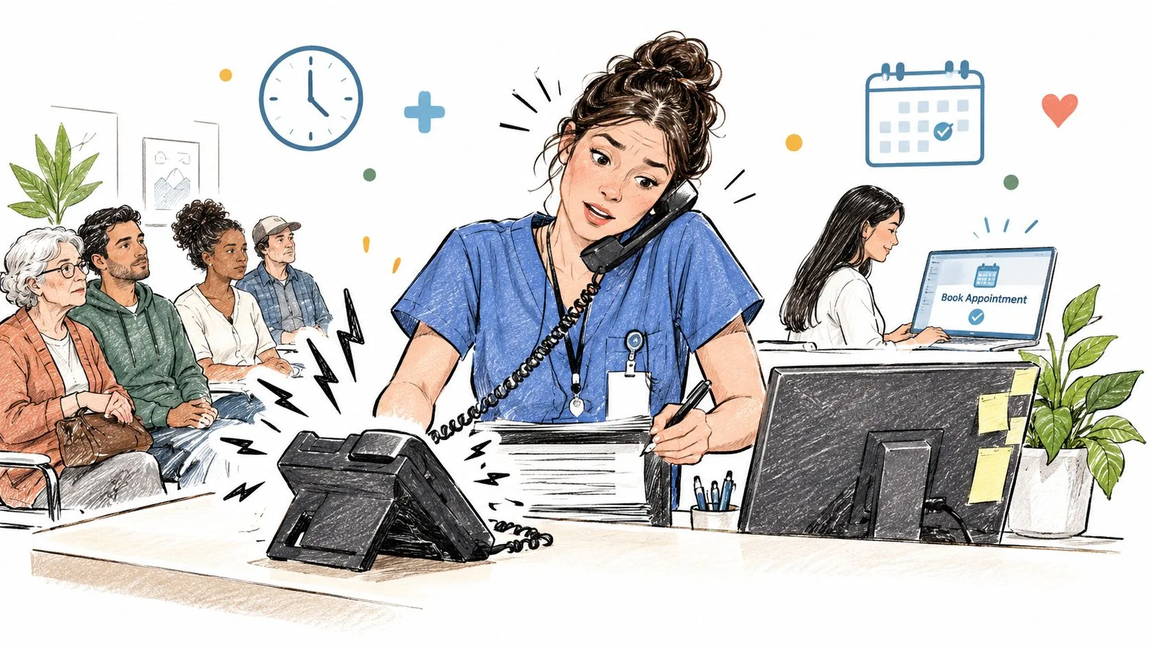 A busy receptionist in blue scrubs answers a phone while patients wait in a medical office lobby.