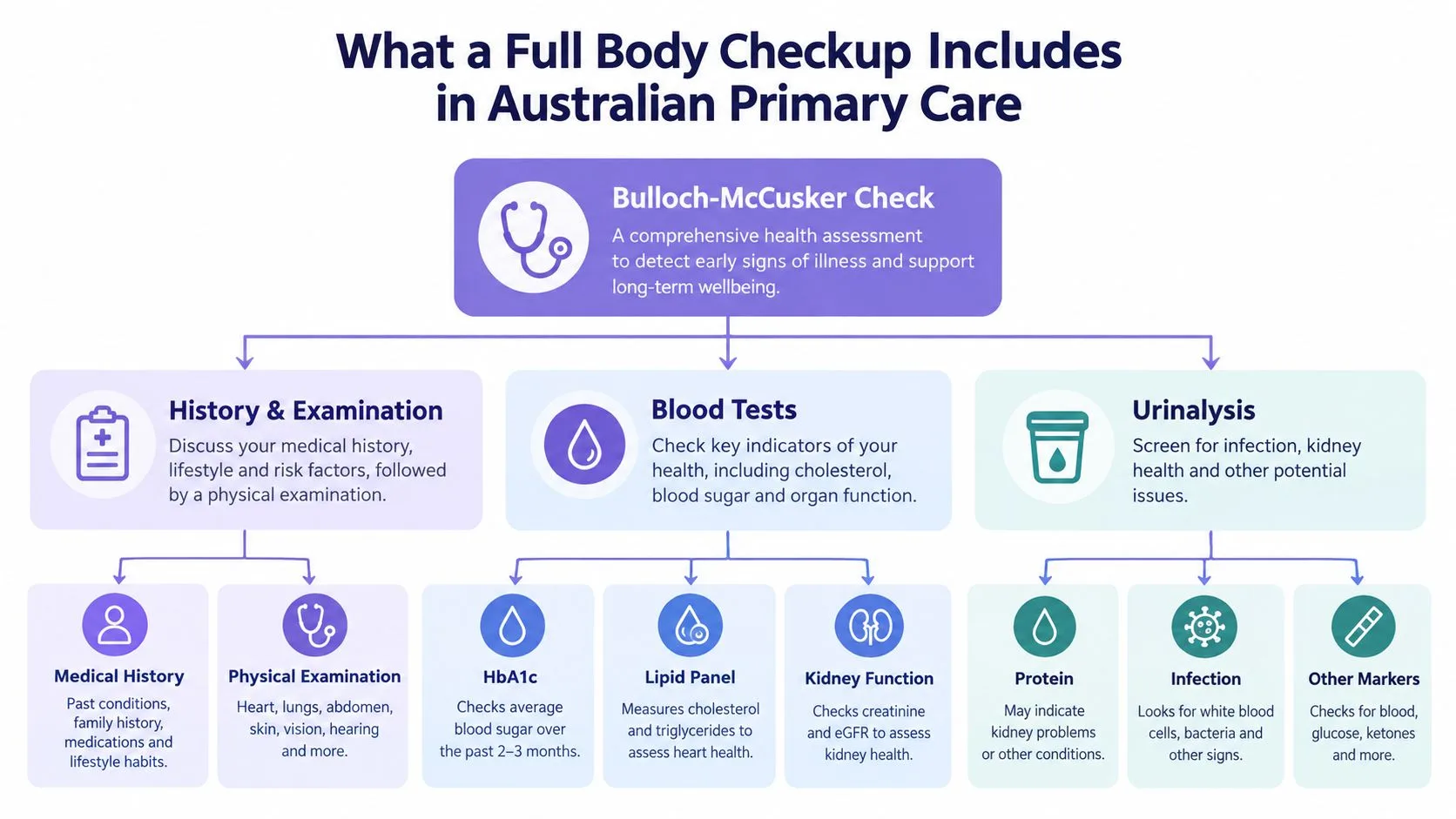 An infographic detailing the components of a full body checkup in Australian primary healthcare settings.