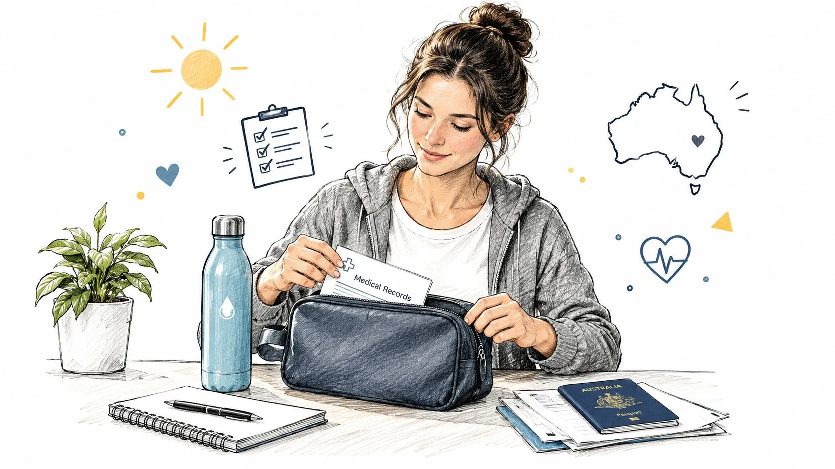 A woman organizing medical records in a travel bag alongside her Australian passport, notebook, and water bottle.