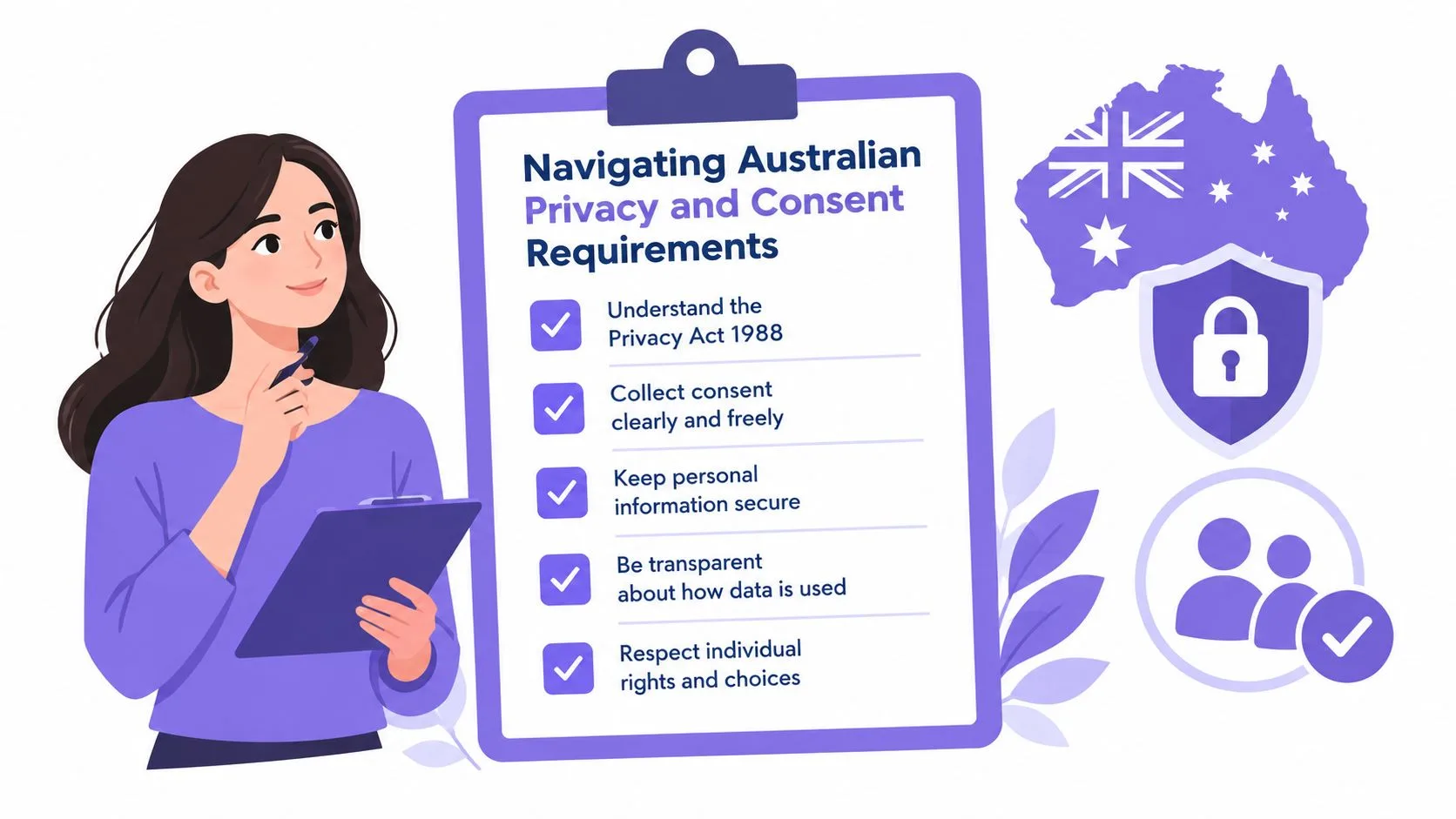 A woman holding a clipboard next to a checklist about Australian privacy and consent requirements.