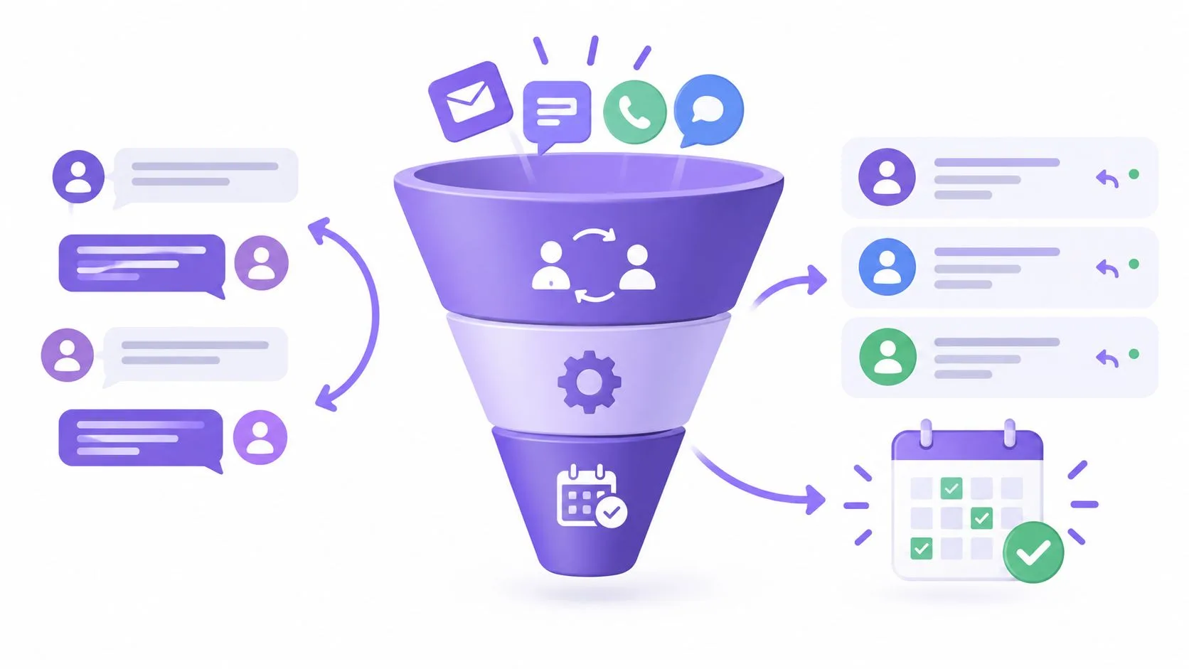 A 3D sales funnel visualization illustrating the flow from communication leads to scheduled appointments and calendar bookings.
