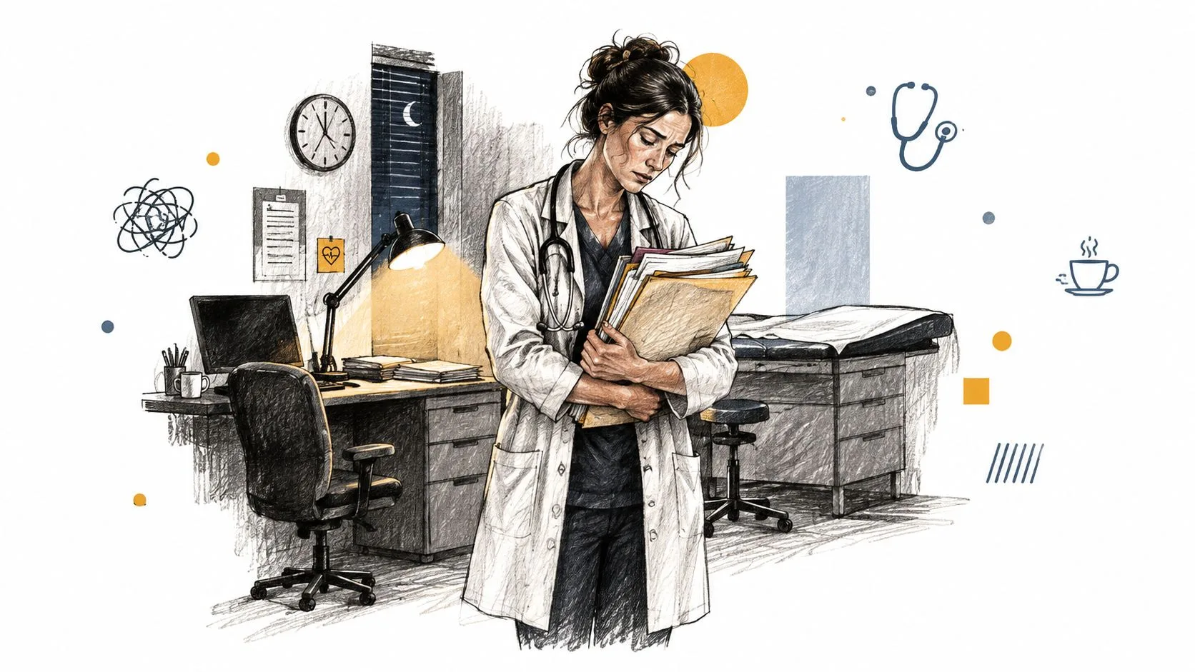A tired doctor holding medical charts in an office late at night with a messy desk.