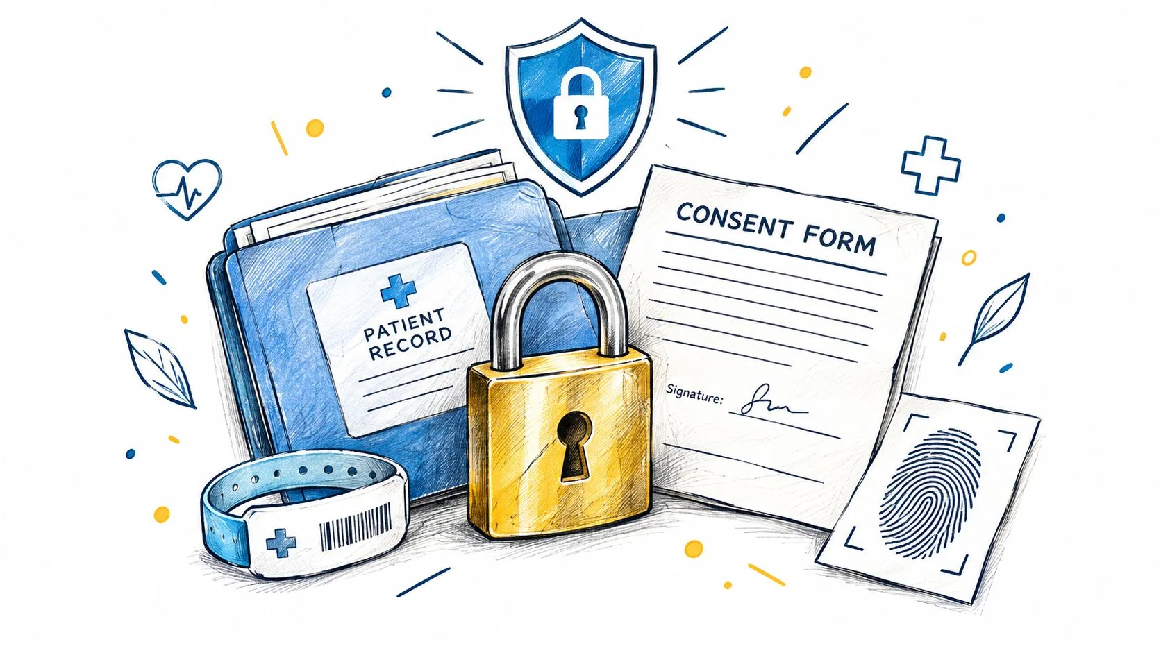 Medical illustration featuring a patient record folder, a signed consent form, and a security padlock icon.