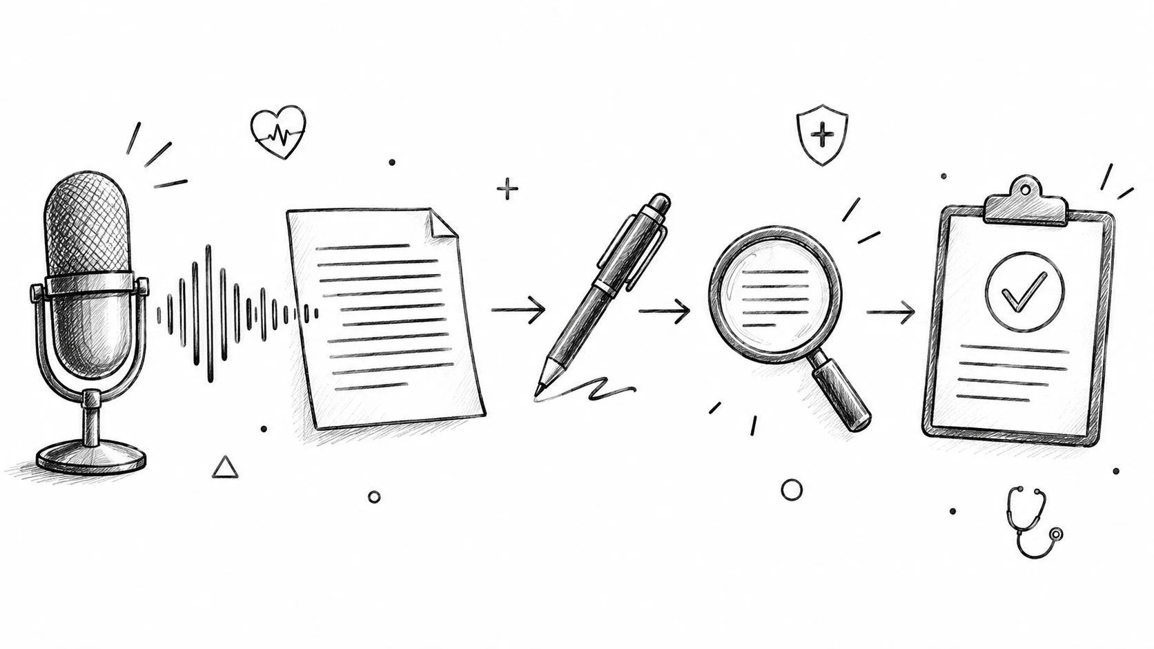 A hand-drawn sketch showing a medical transcription workflow from a microphone to a finalized medical record.