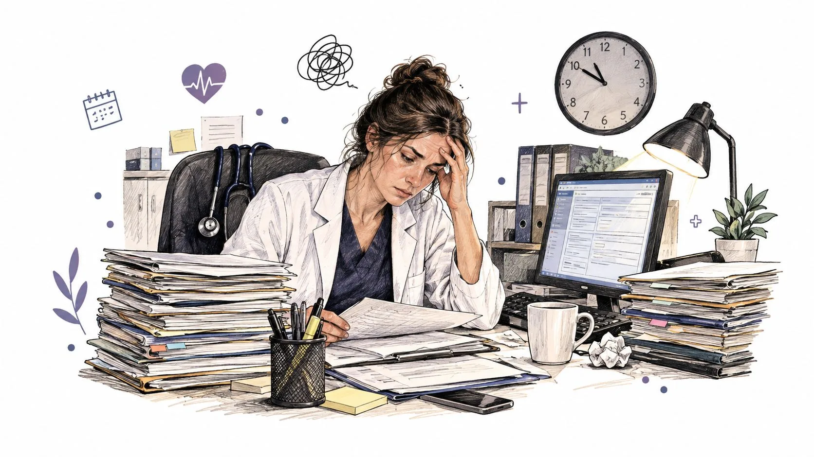 A stressed female doctor in a white coat reviewing paperwork at a desk cluttered with medical records.