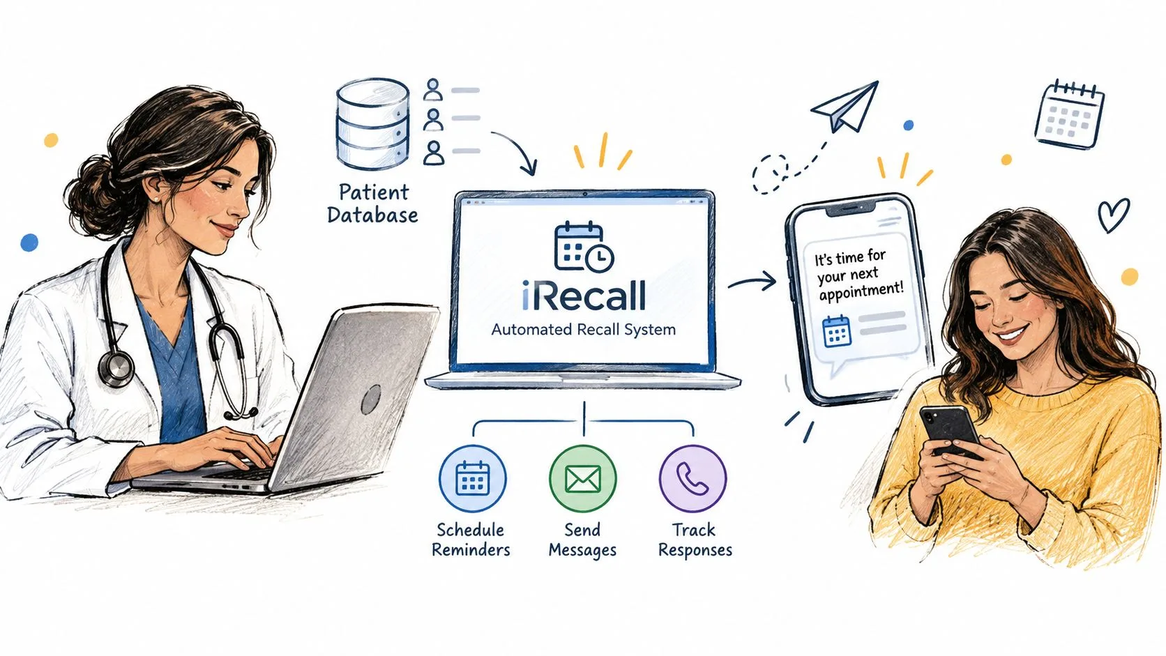 A doctor uses the iRecall automated system to send appointment reminders to a patient via their phone.