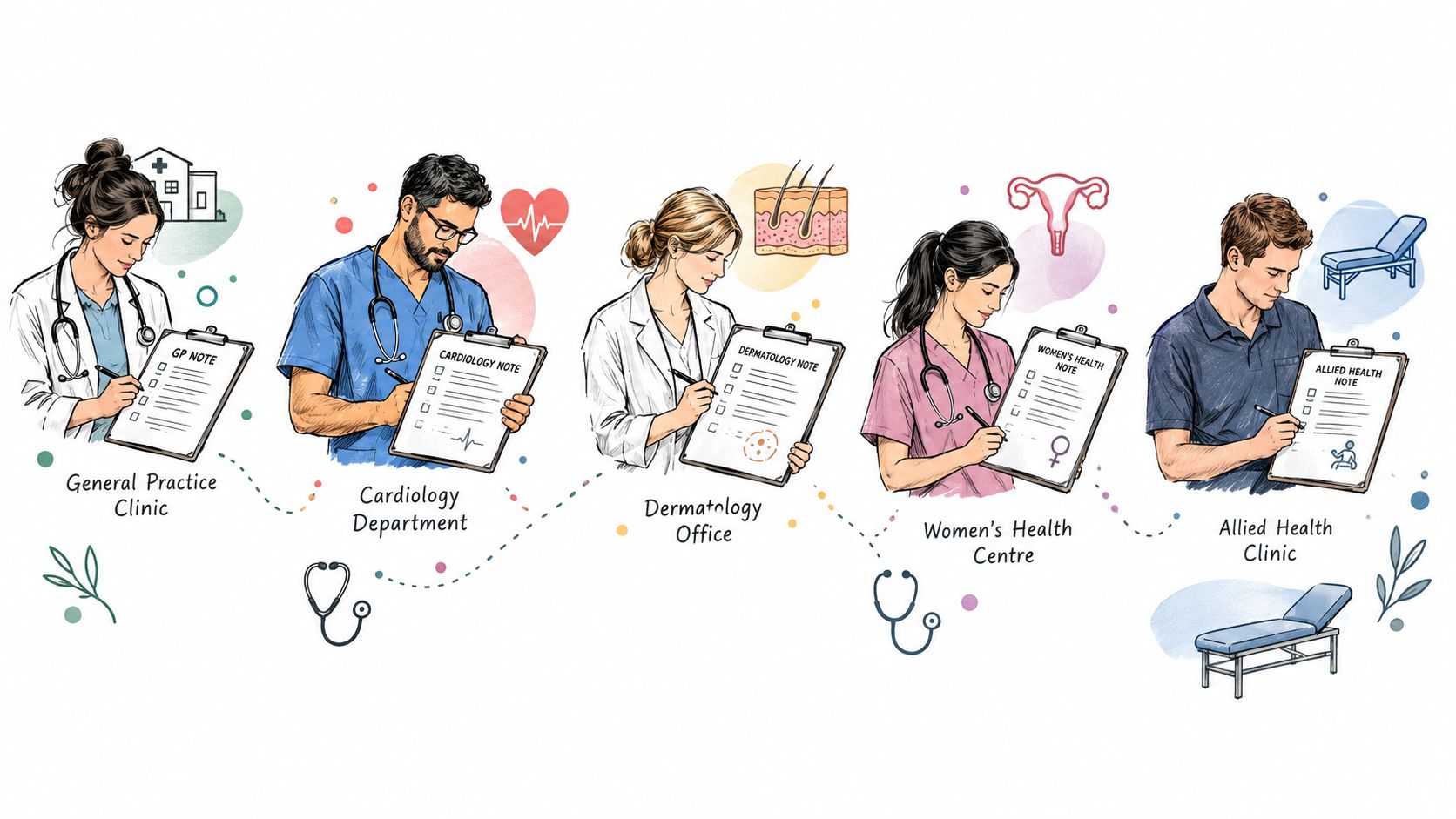 Medical professionals writing notes in their respective clinics, including general practice, cardiology, dermatology, women's health, and allied health.