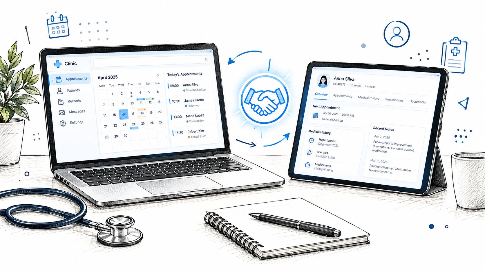 A laptop and tablet displaying a clinical appointment scheduling system on a desk with a stethoscope.