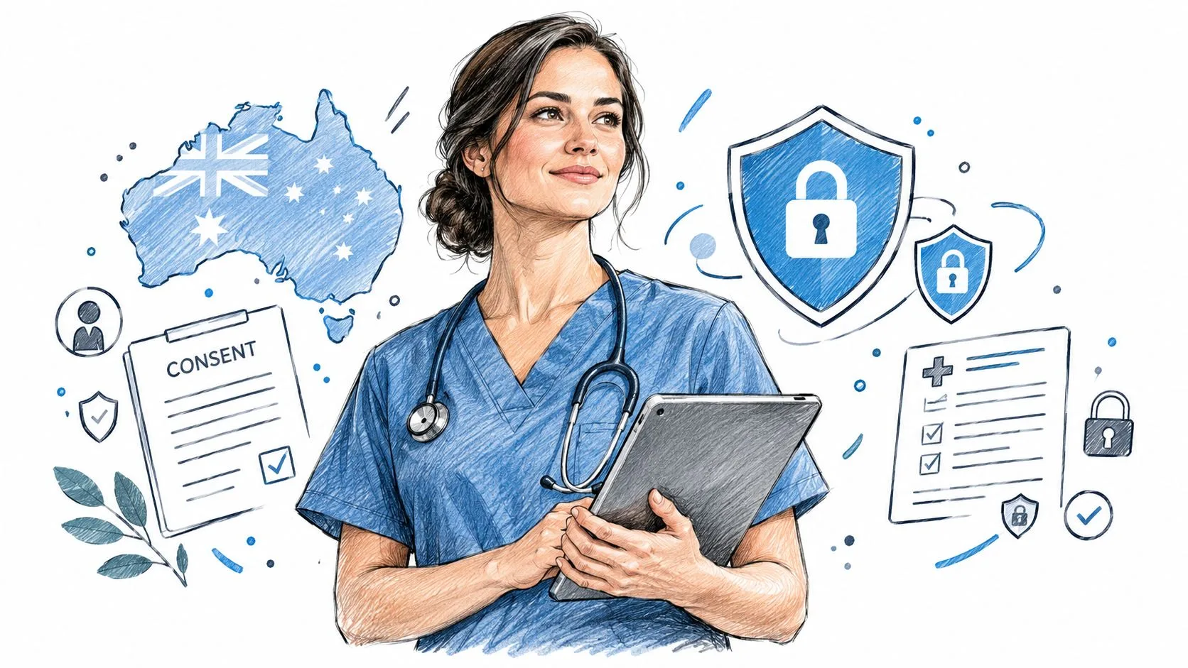 A female medical professional holding a tablet with icons of shields, locks, and an Australian map.