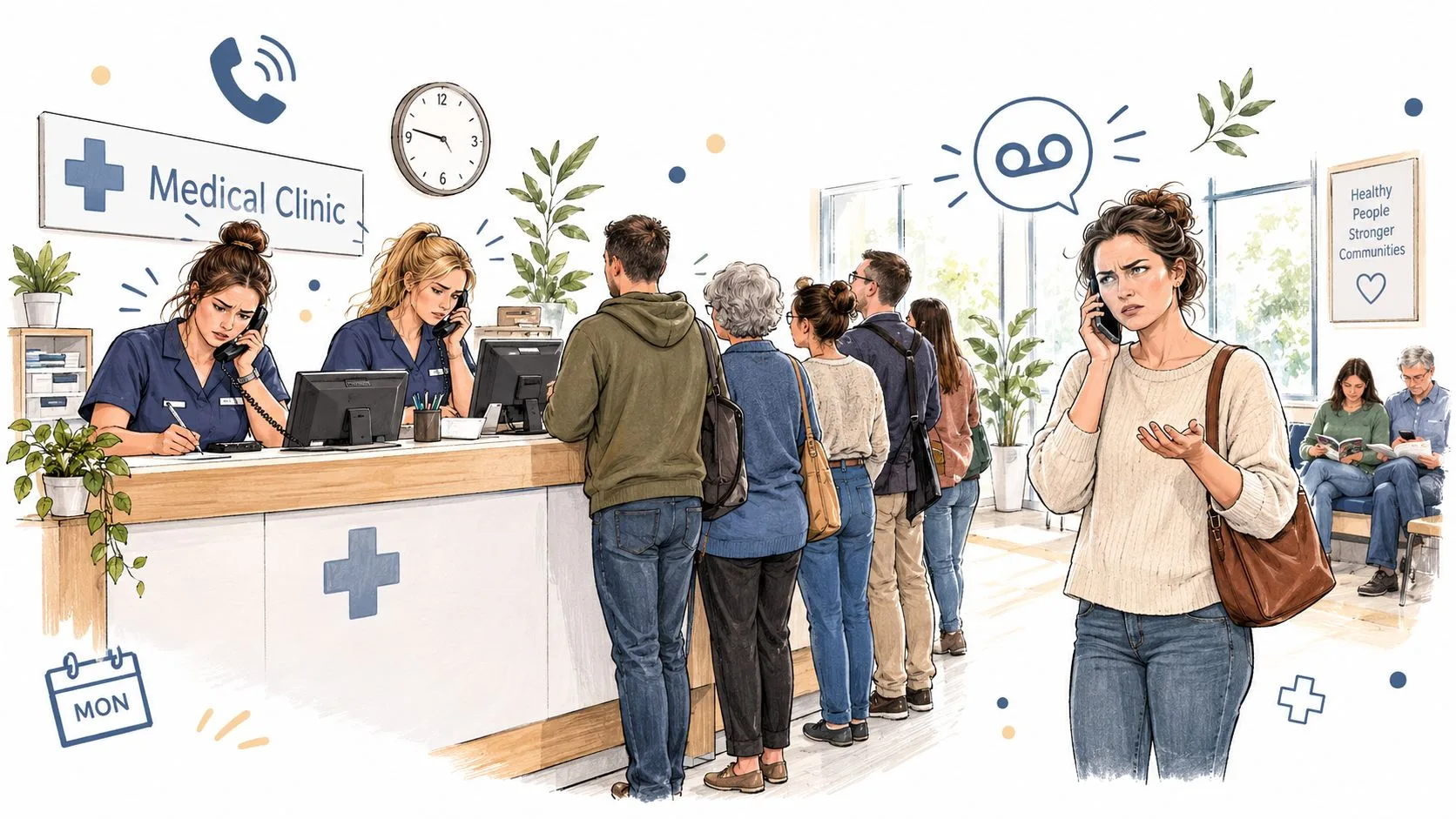 A busy medical clinic reception area with staff on phones helping patients standing in a long line.